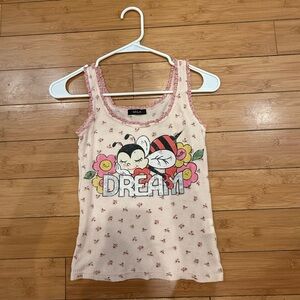 Vintage MILK Japanese Harajuku Y2K Waffle Knit Pink DREAM Bee Tank Top.